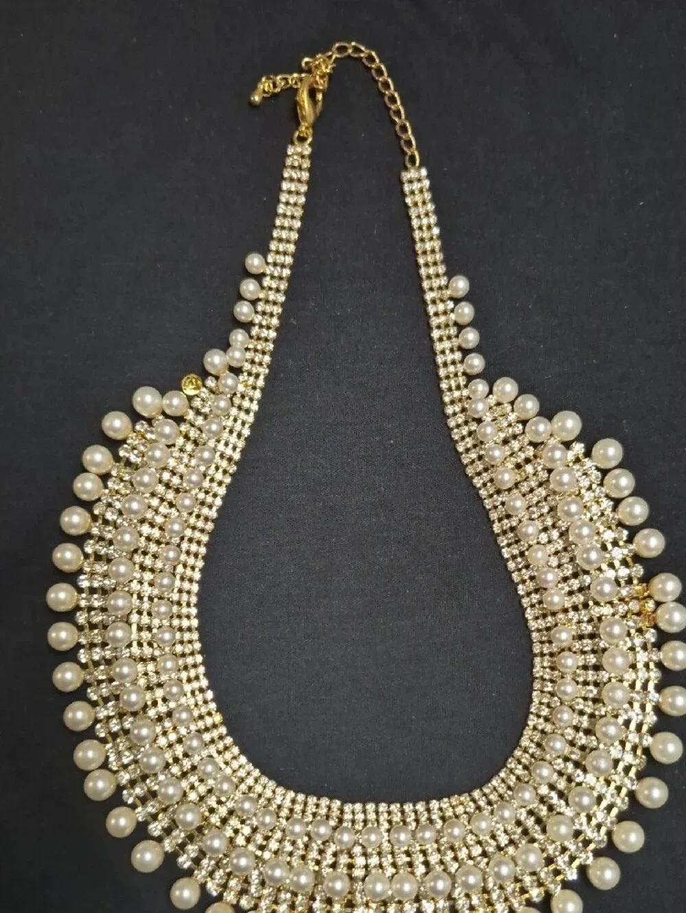 Gold Pearl Collar Necklace with Crystal Rows